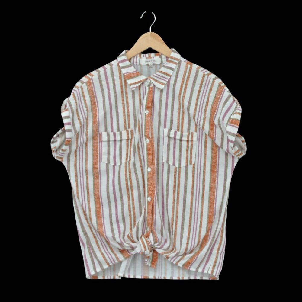 Eden & Olivia Striped Tie-Front Button Down Short Sleeve Top Large
